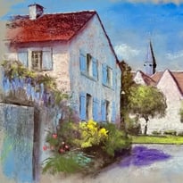 Démonstration par le pastelliste Michel Breton de peinture au pastel, dans l'église médiévale d'Hermeray