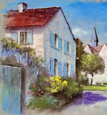 Démonstration par le pastelliste Michel Breton de peinture au pastel, dans l'église médiévale d'Hermeray