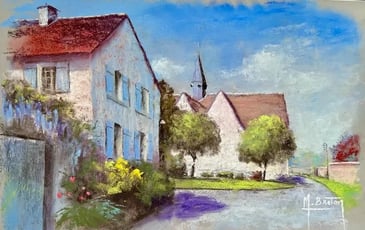 Démonstration par le pastelliste Michel Breton de peinture au pastel, dans l'église médiévale d'Hermeray